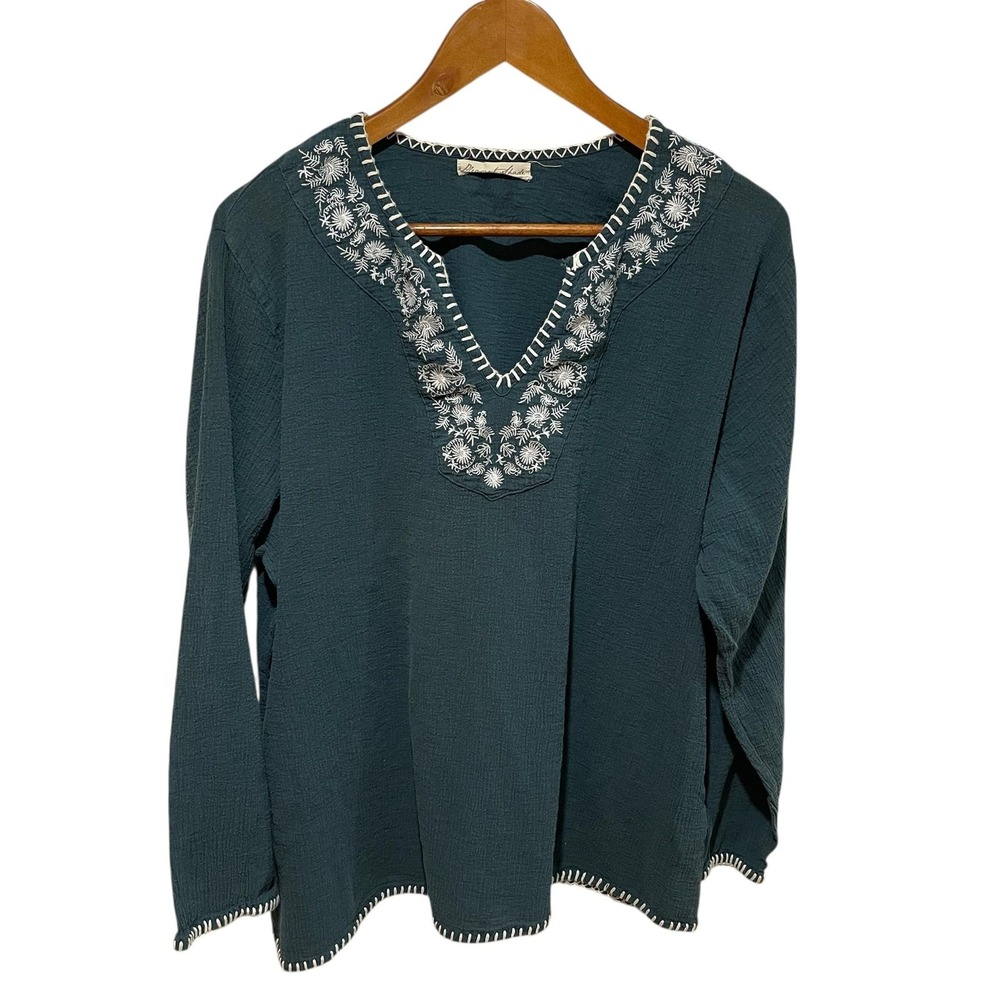 Pleasant Shade Shirt Womens 2XL Teal Embroidered Boho Tunic Peasant Cottage Core